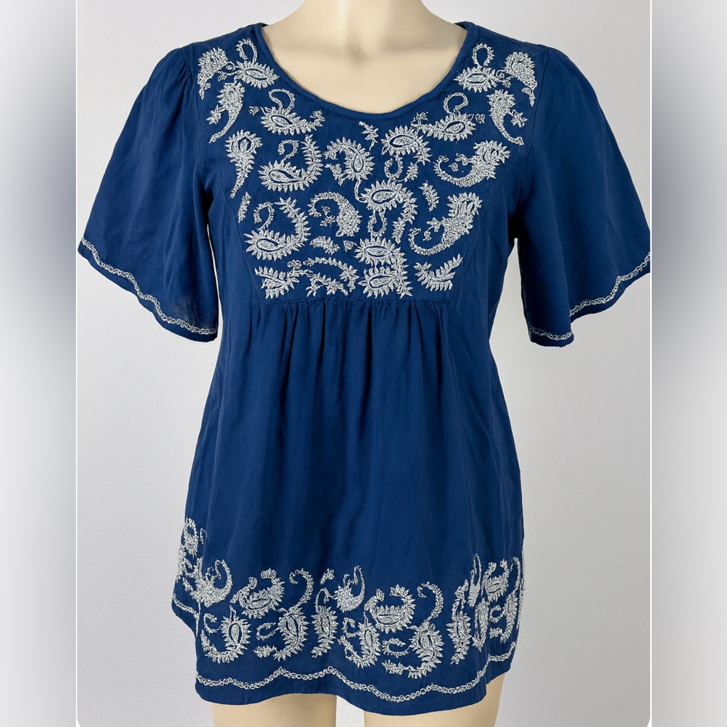 Tantrums Navy Blouse With White Embroidery